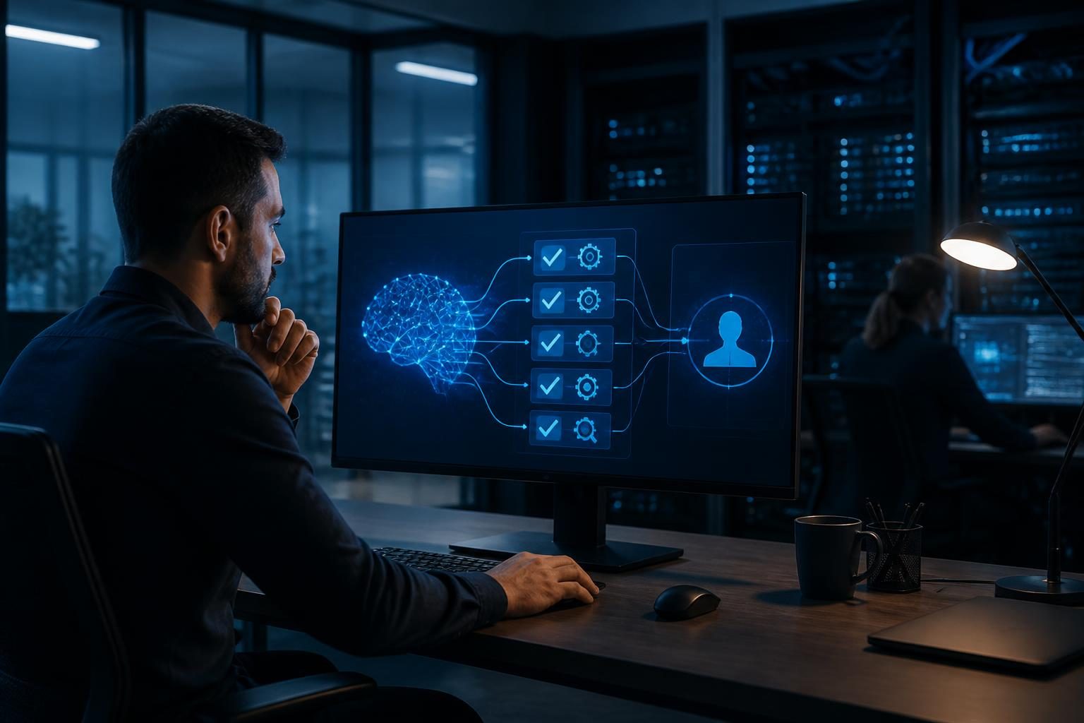 Technician reviewing AI automation IT support diagnostics before approving a change