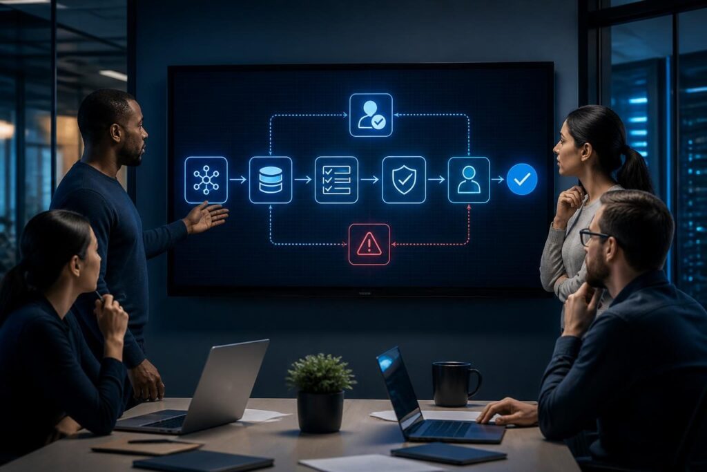 AI automation readiness assessment for IT shown as a small business team reviewing workflow controls