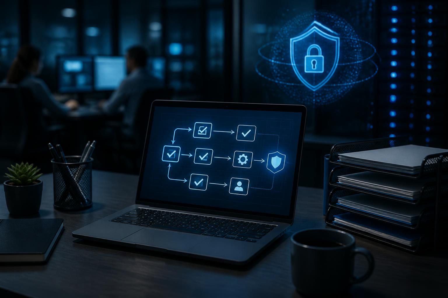 AI workflow planning for IT support requests shown as a secure workflow with human approval checkpoints