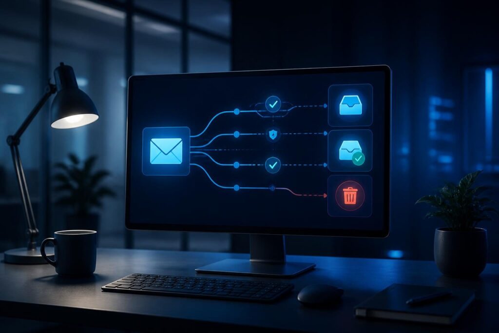 Business email deliverability testing plan shown as an organized email operations workflow