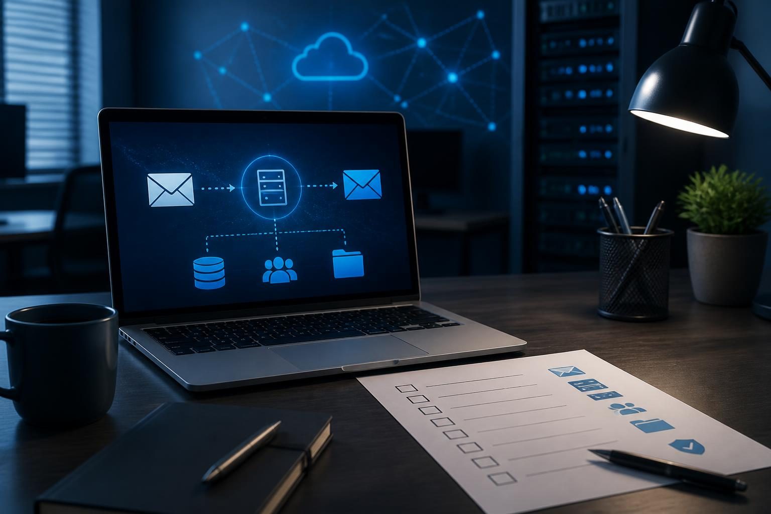 Business email migration checklist shown on a small business technology planning desk