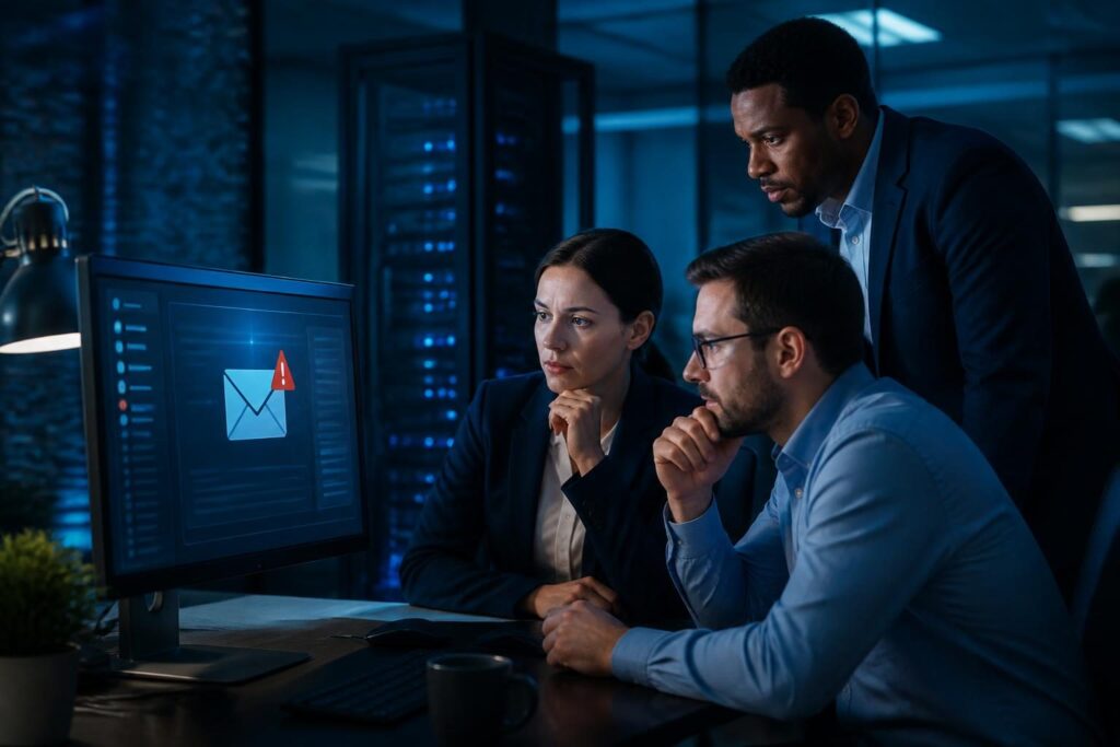 Team reviewing a business email spoofing prevention checklist in a small business office