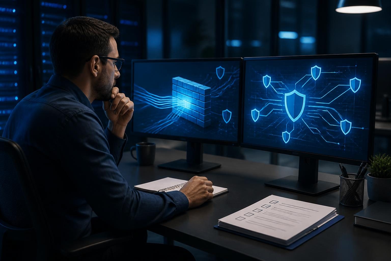 Network administrator reviewing how to change firewall rules safely on a business firewall