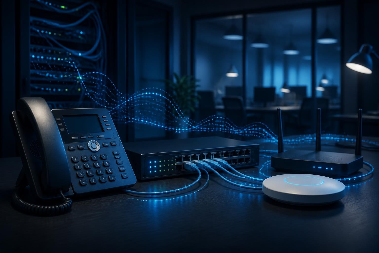 Technician performing choppy VoIP audio troubleshooting on a business network