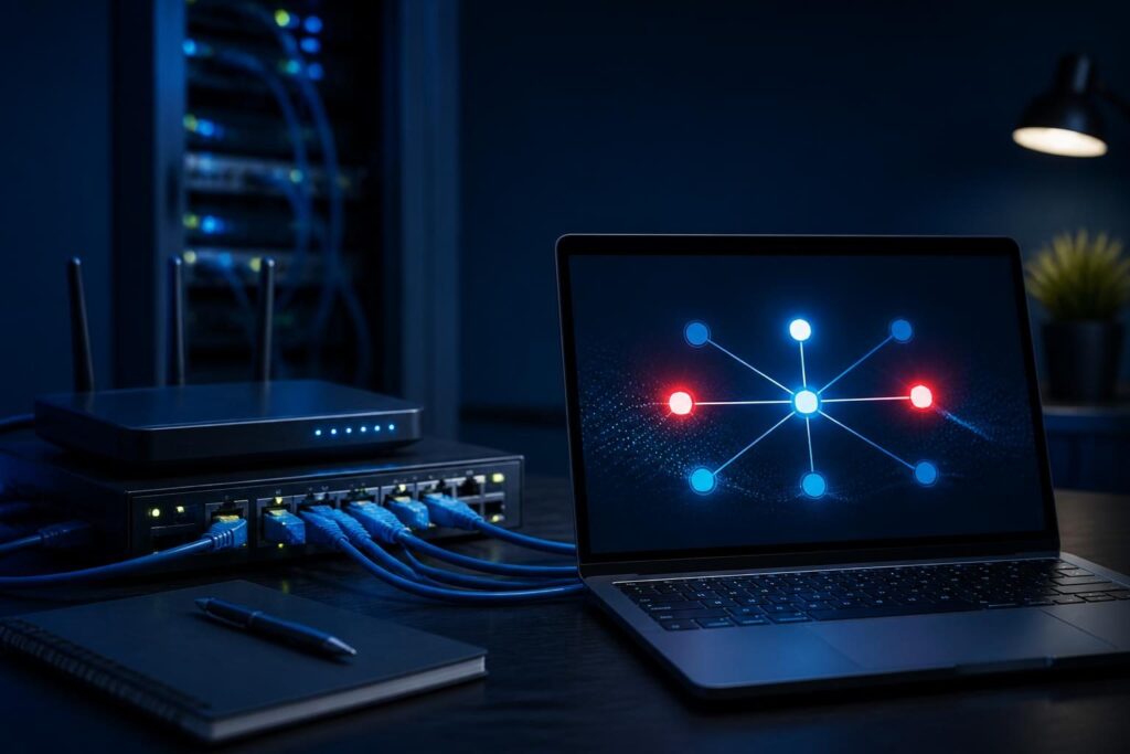 Technician diagnosing a duplicate IP address conflict business network issue with switches and network equipment