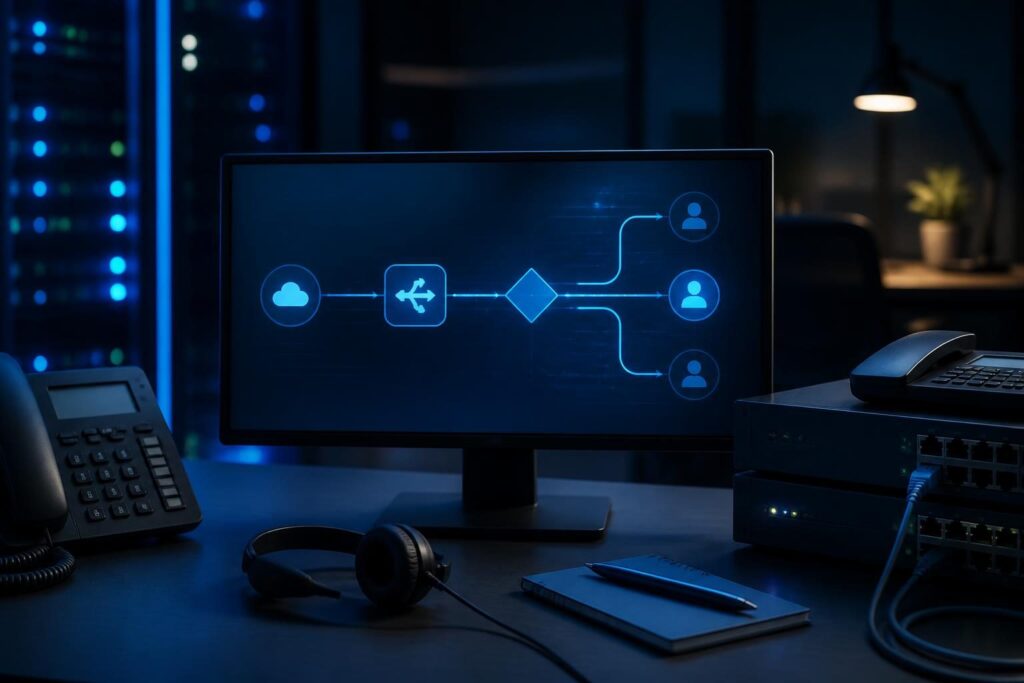 Technician tracing FreePBX IVR calls not working through a business phone system call flow