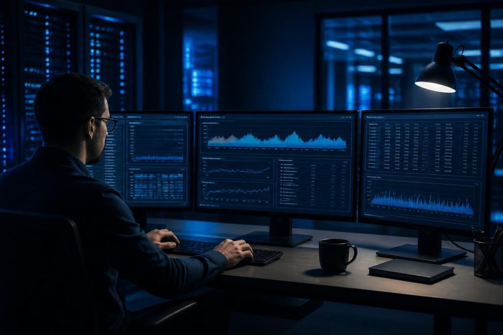 High CPU usage Linux server troubleshooting shown on a server monitoring workstation