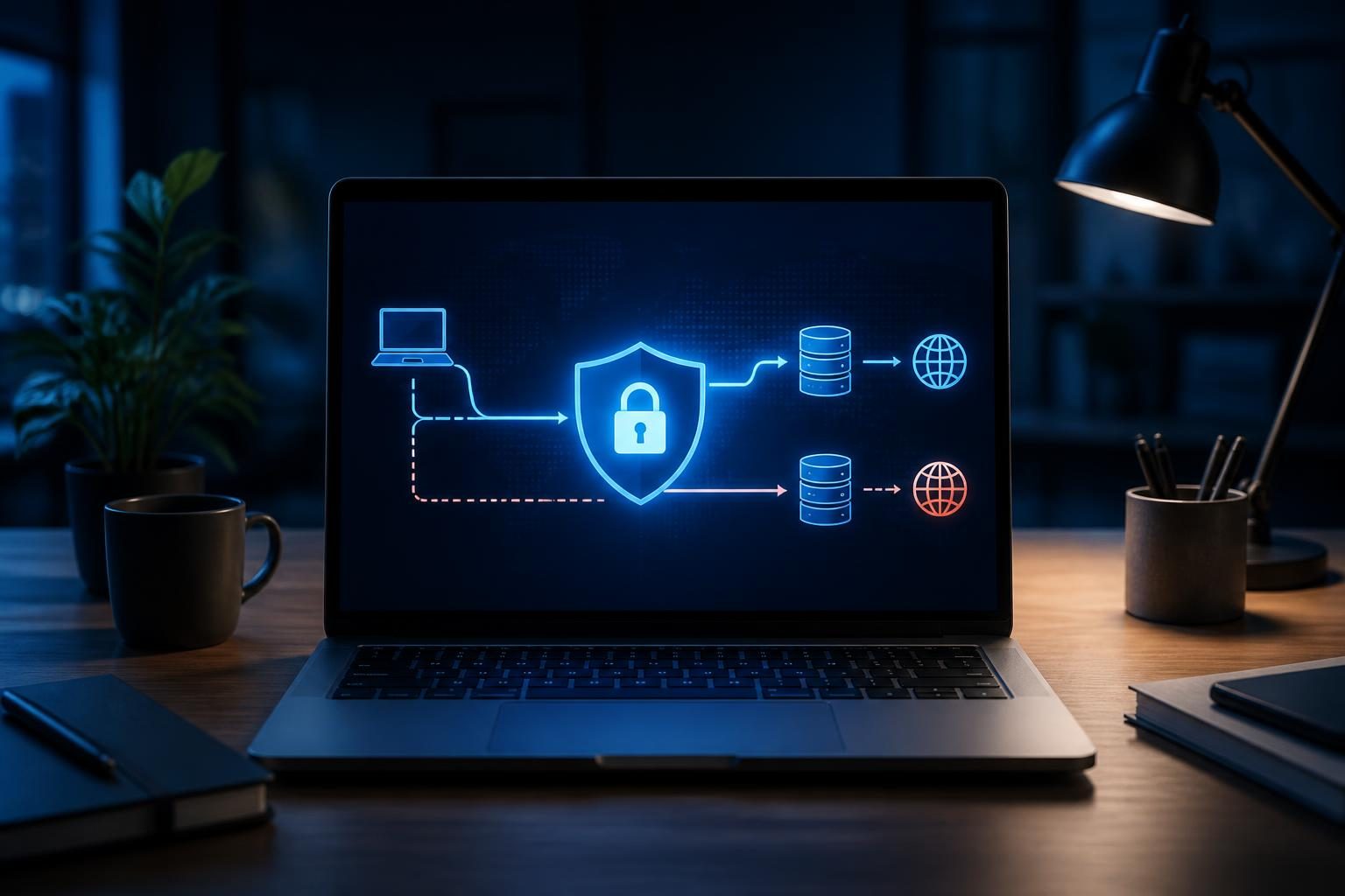 Laptop showing how to check DNS leak on VPN connections with DNS resolver and split-tunnel paths