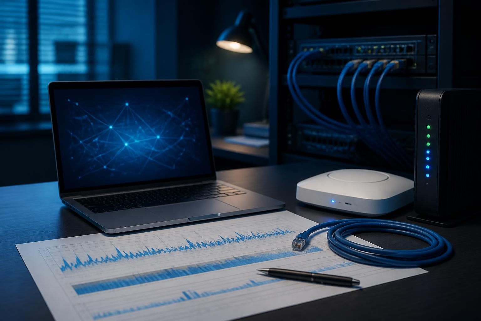 Technician investigating intermittent internet connectivity on a small business network