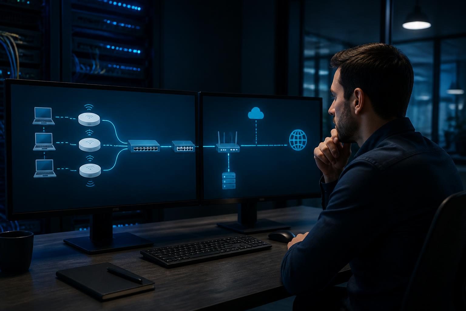 Technician following intermittent network connection troubleshooting steps across Wi-Fi, cabling, switching, routing, DNS, and an upstream link
