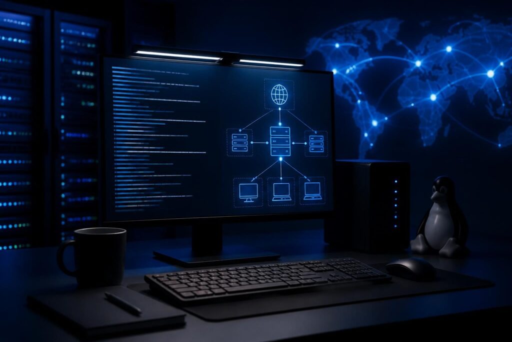 Linux server DNS resolution not working diagnostic workflow shown on a professional server administration workstation