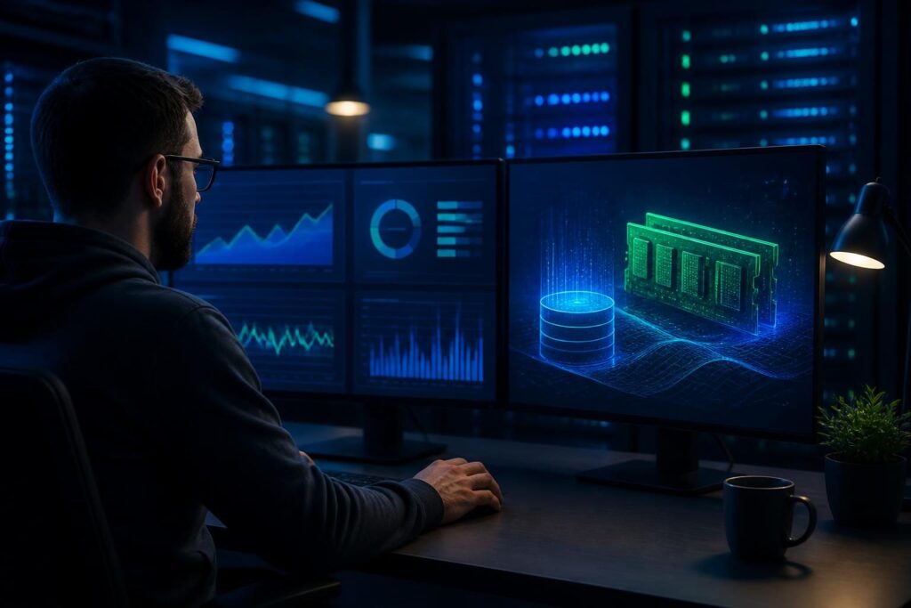 Linux server memory usage troubleshooting dashboard showing RAM, swap, and process monitoring