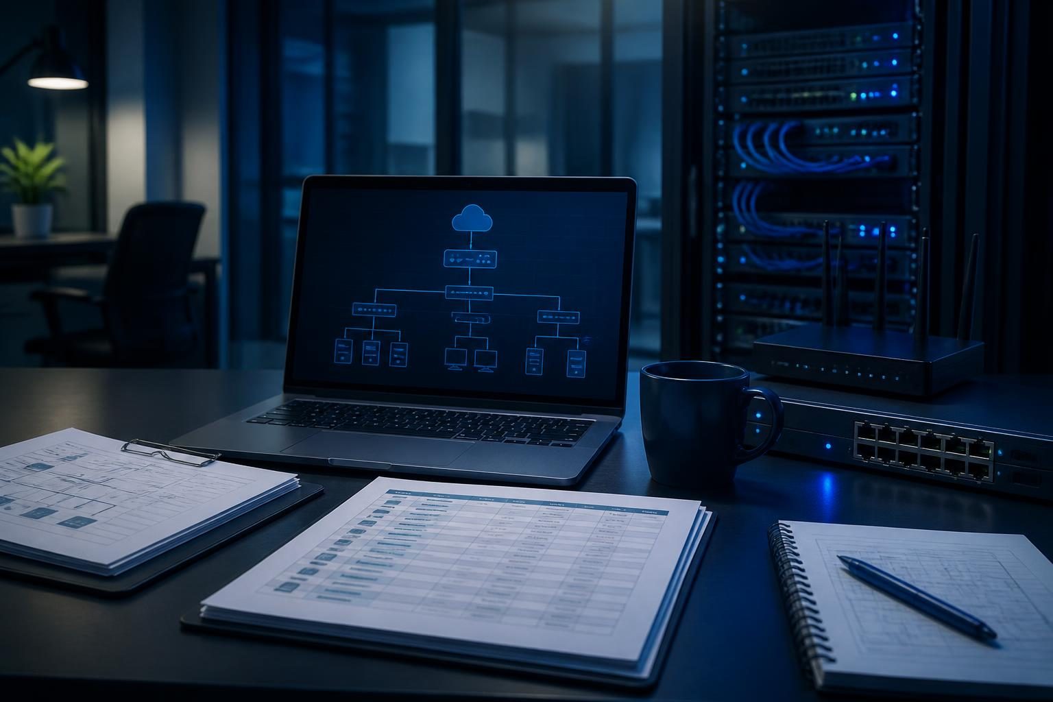 Network documentation template for small business shown beside a small office network diagram and equipment inventory