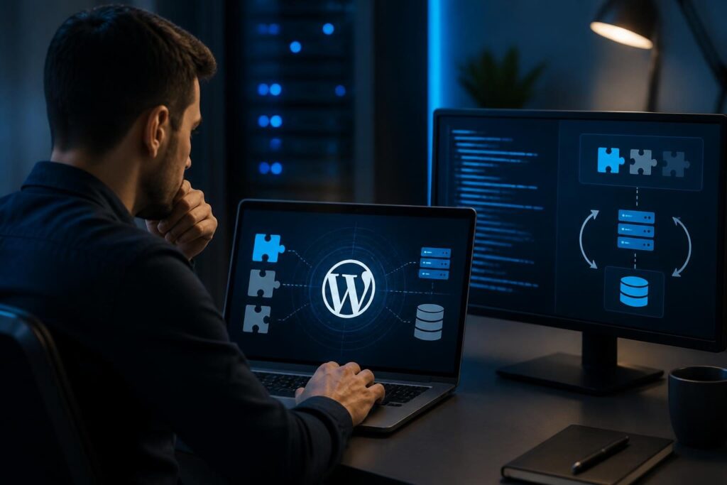 Technician planning how to recover WordPress after plugin conflict on a laptop