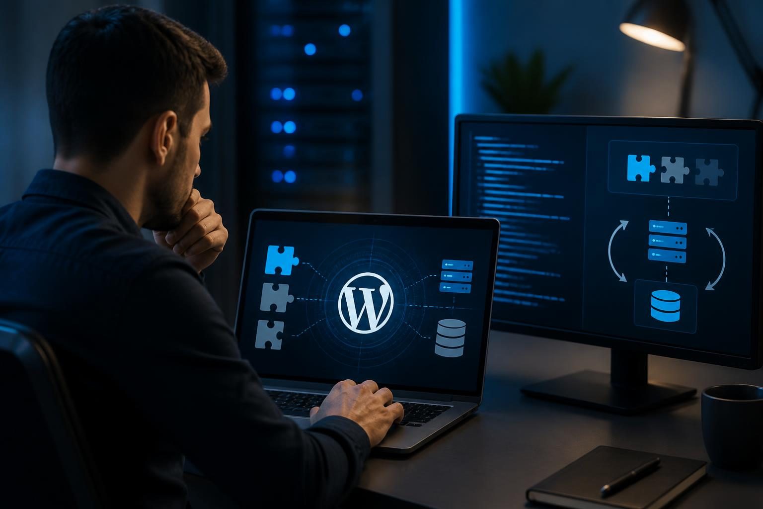 Technician planning how to recover WordPress after plugin conflict on a laptop