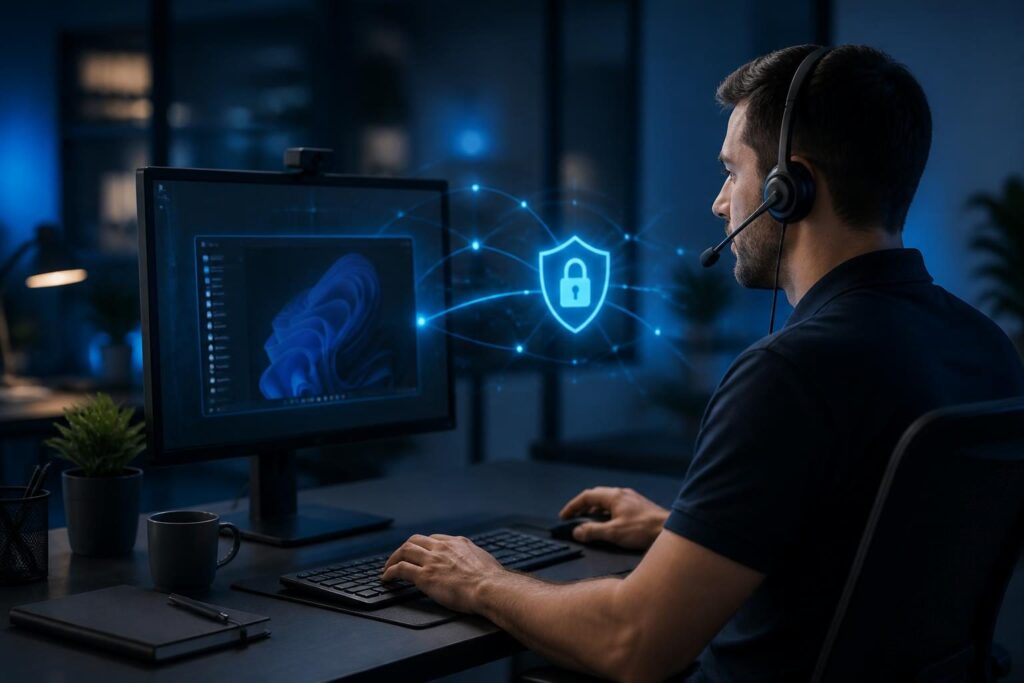 Technician providing remote computer support through a secure workstation session