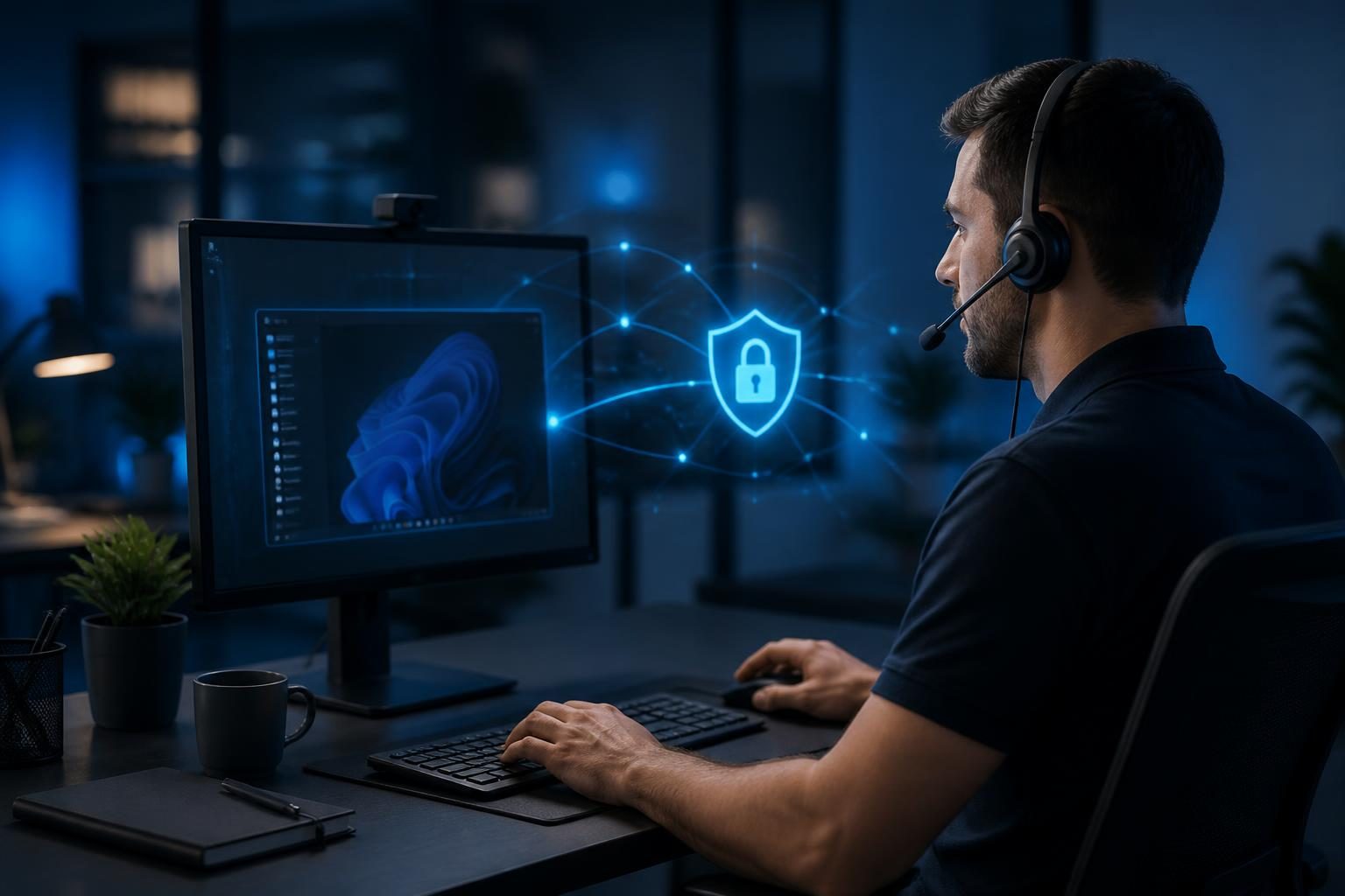 Technician providing remote computer support through a secure workstation session