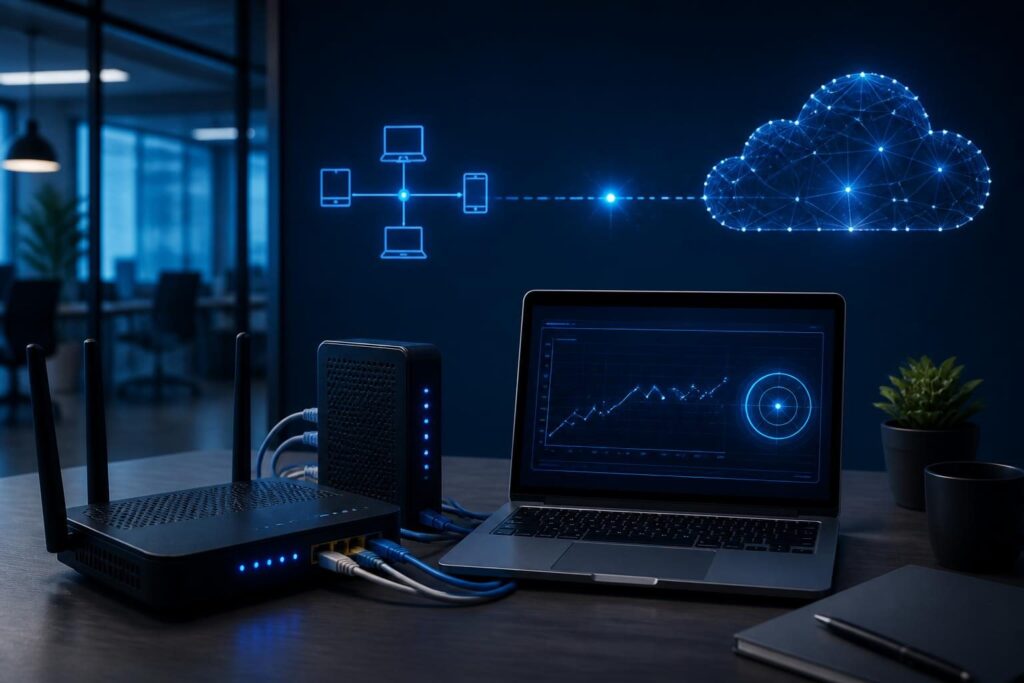 Technician investigating router problems that resemble an internet provider outage on a small business network