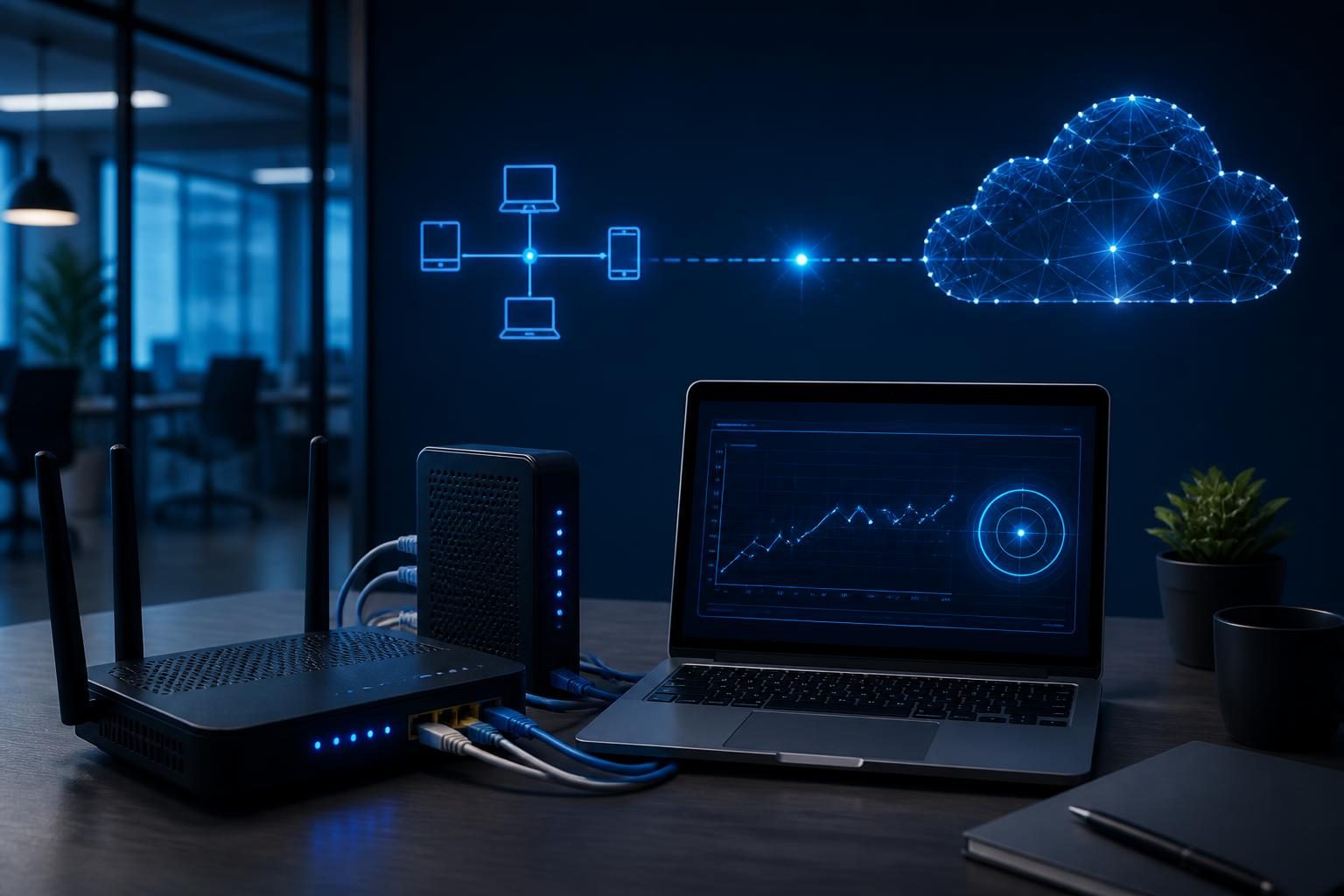 Technician investigating router problems that resemble an internet provider outage on a small business network