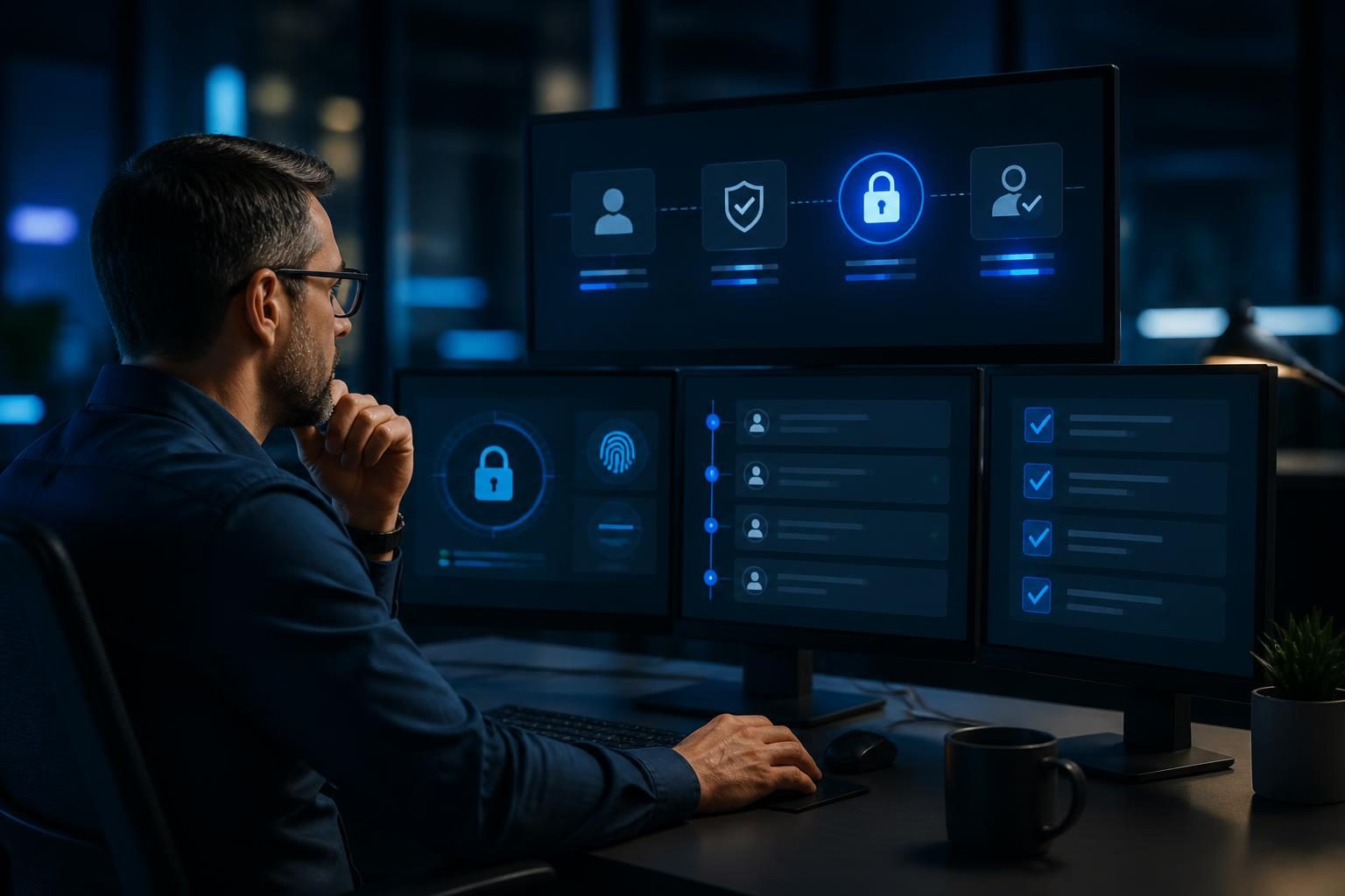 IT manager reviewing secure remote technician access controls on a business support dashboard