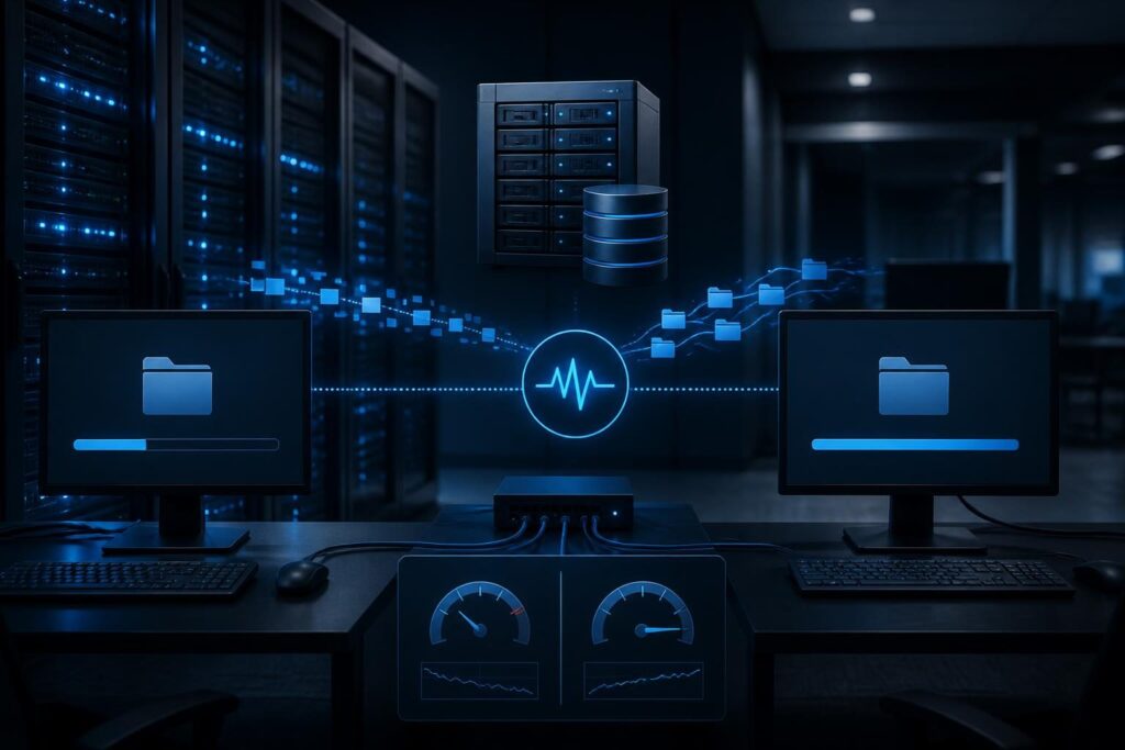 Technician performing slow network file transfer troubleshooting across a local business network