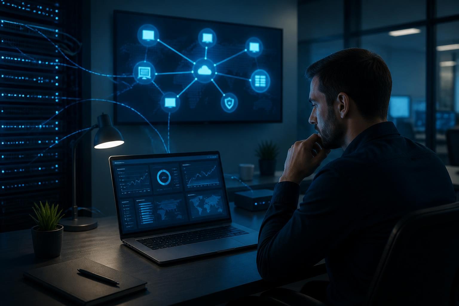Small business network monitoring dashboard being reviewed by a technician