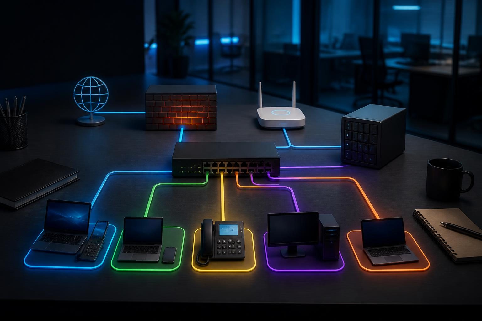 Diagram illustrating small business VLAN network design for staff, guest, voice, server, and management traffic