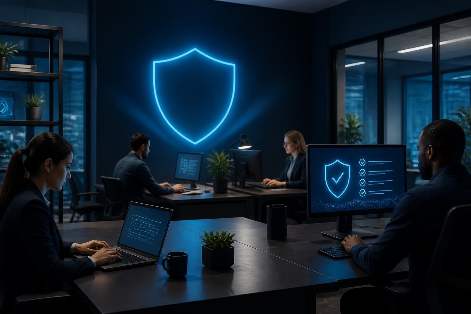 Small office endpoint security routine shown through protected workstations and an organized security review