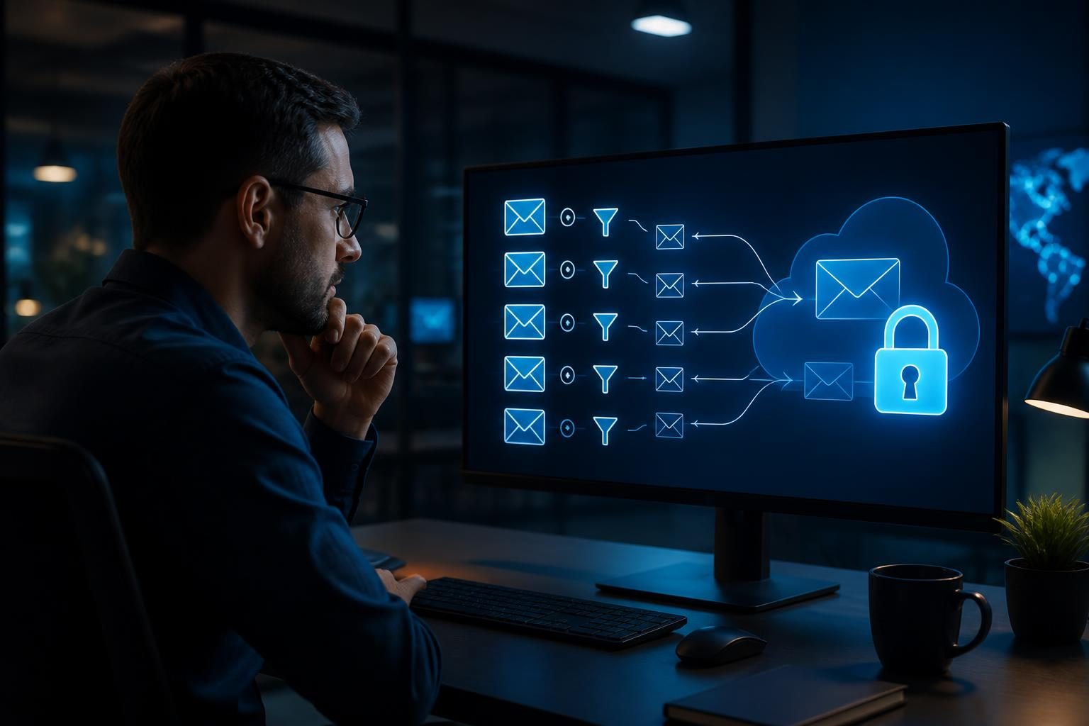 Analyst reviewing suspicious email forwarding rules in a business mailbox
