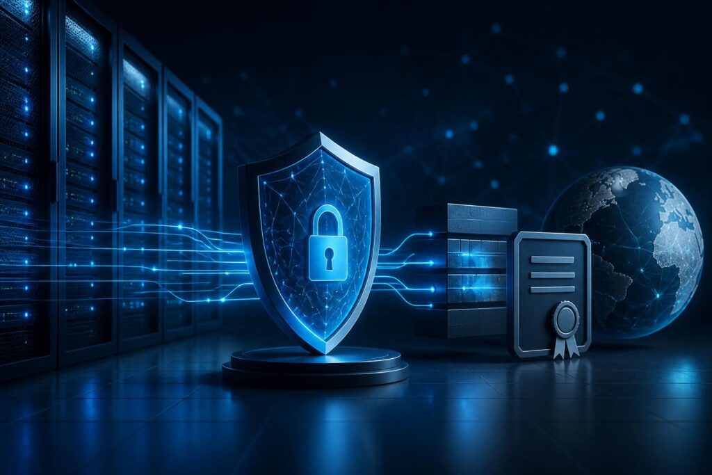 TLS handshake failed troubleshooting website shown as layered HTTPS connection diagnostics between a browser, proxy, and web server