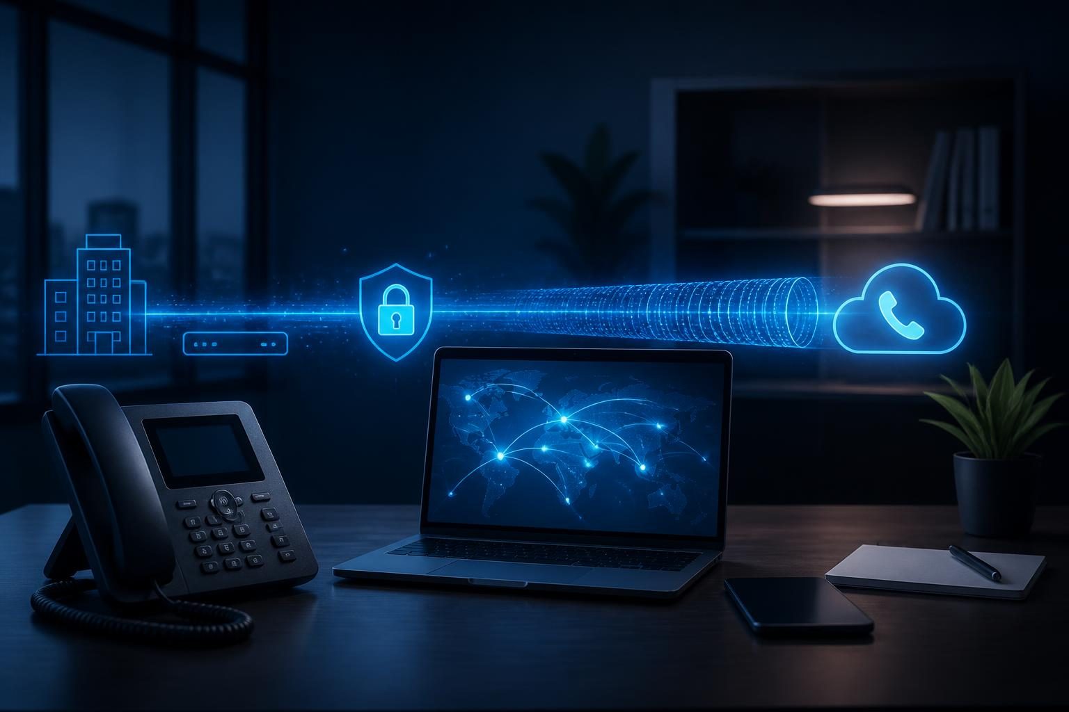 VPN VoIP audio problems shown through a business phone, laptop, and network connection