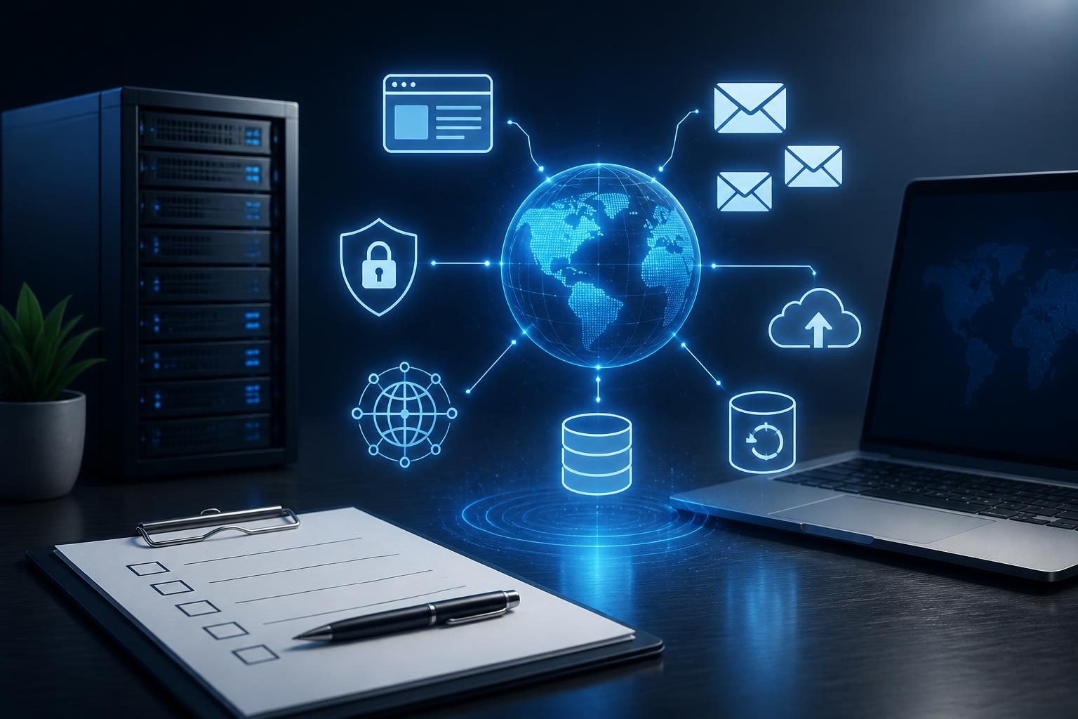 Website and email hosting migration plan checklist shown with DNS, SSL, website, and mailbox migration concepts