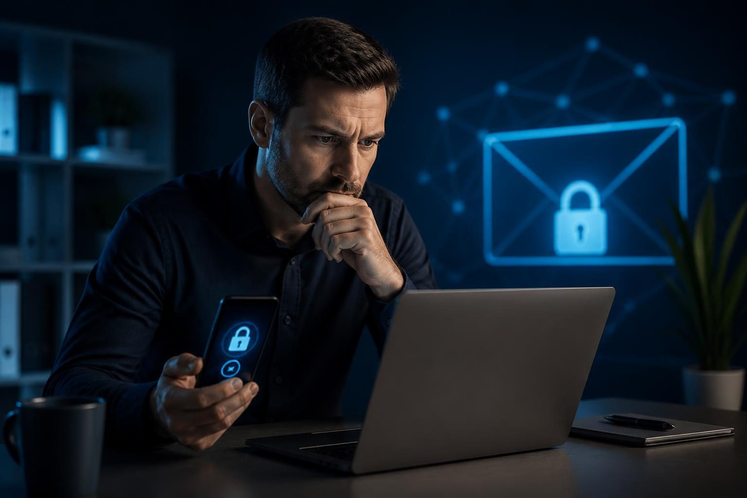 Business owner responding to an email account compromised warning on a laptop