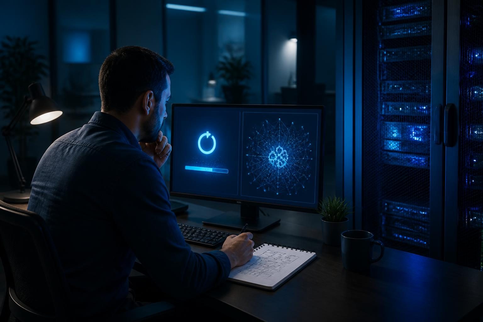 Technician investigating why rebooting fixes problems in a small business IT environment