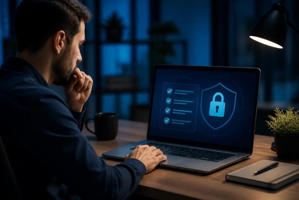 WordPress admin login not working troubleshooting guide shown on a laptop in a small business office