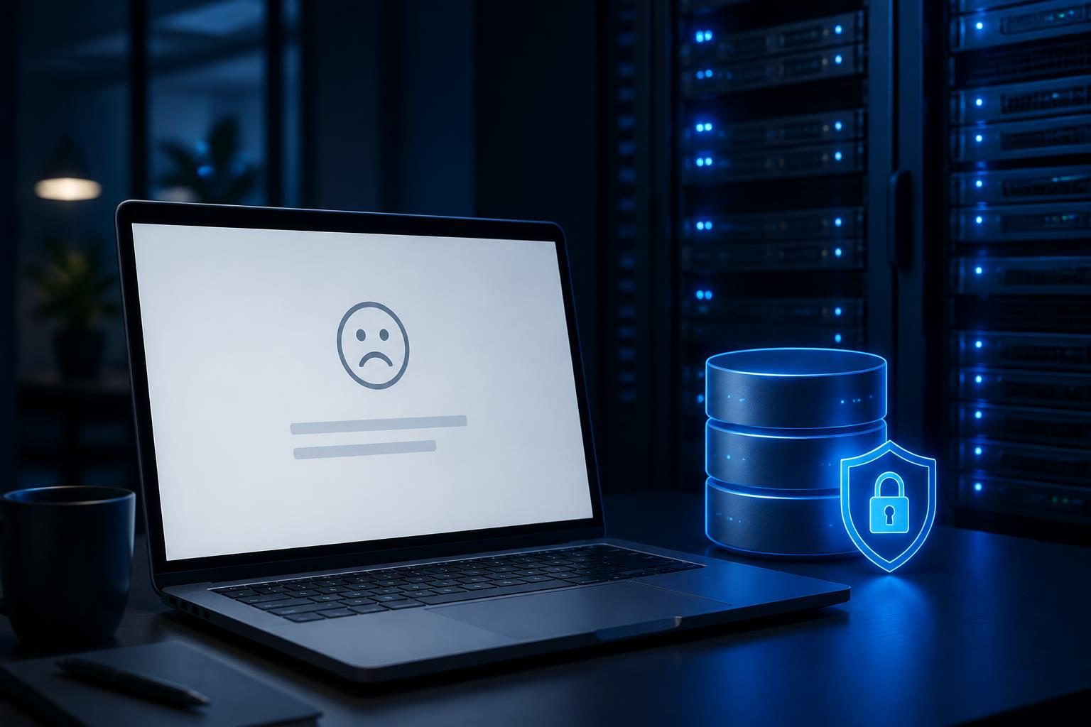 WordPress error establishing database connection fix shown on a laptop beside a server rack
