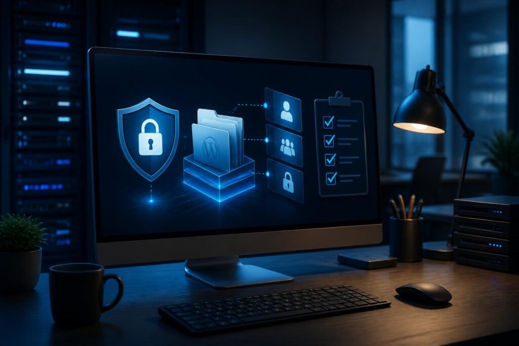 WordPress file permissions security settings shown in a secure website maintenance workspace