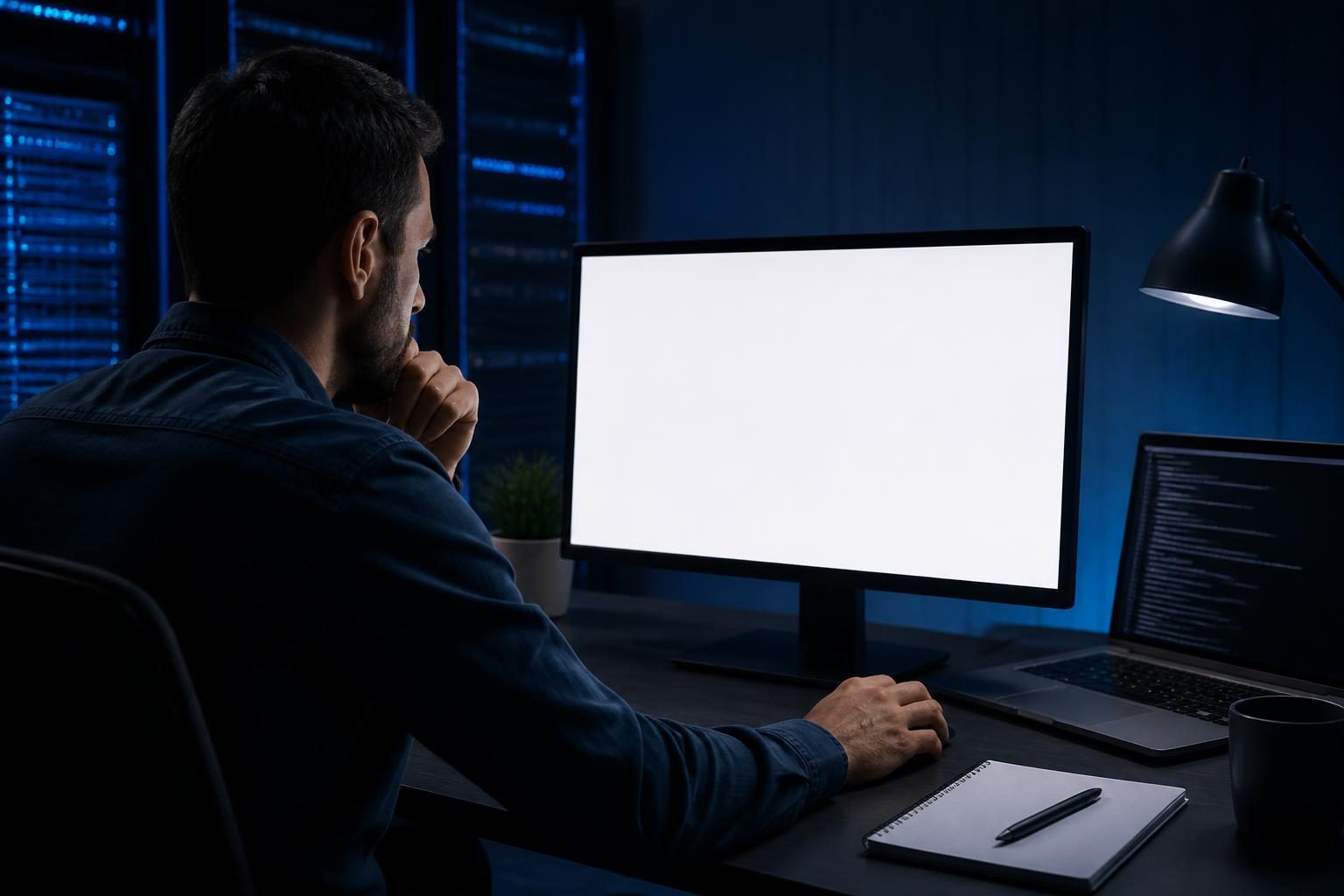 WordPress white screen troubleshooting on a monitor with server logs and a recovery checklist