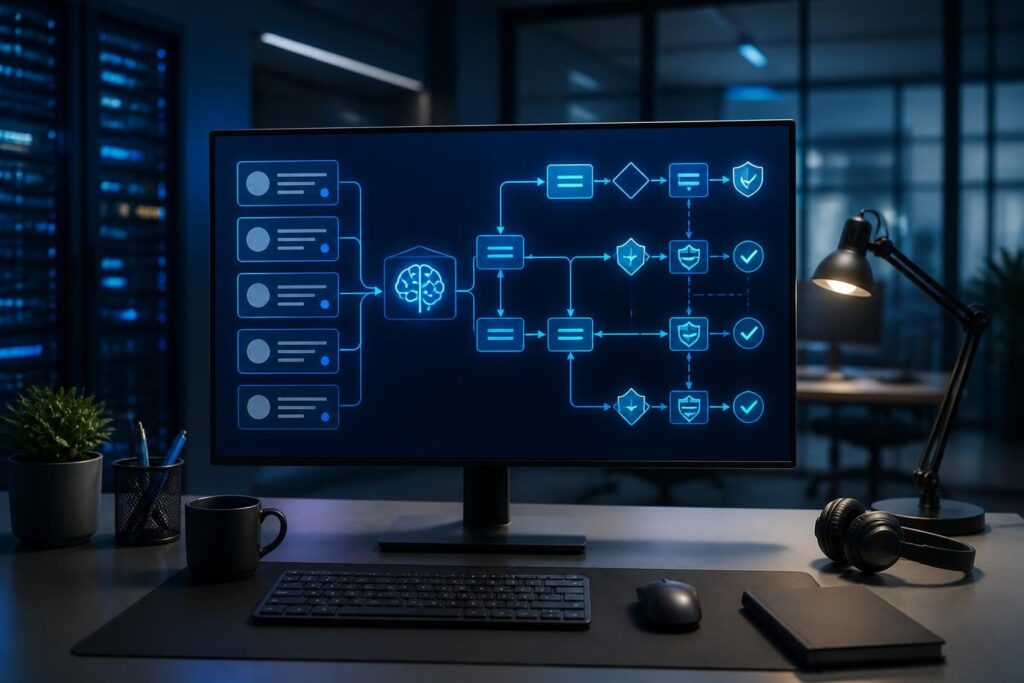 AI automation workflow for IT support request triage mapped with approval checkpoints on a business operations monitor
