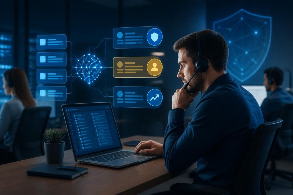 AI ticket triage for IT support shown on a small business help desk dashboard with human review
