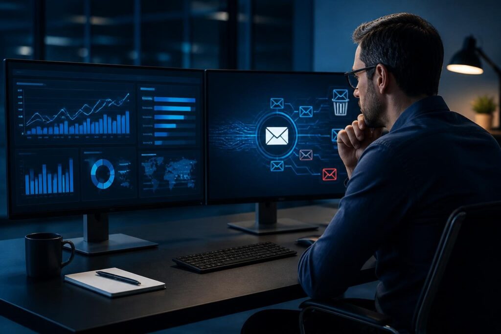 Authenticated business email goes to spam troubleshooting shown on an analyst’s email deliverability dashboard