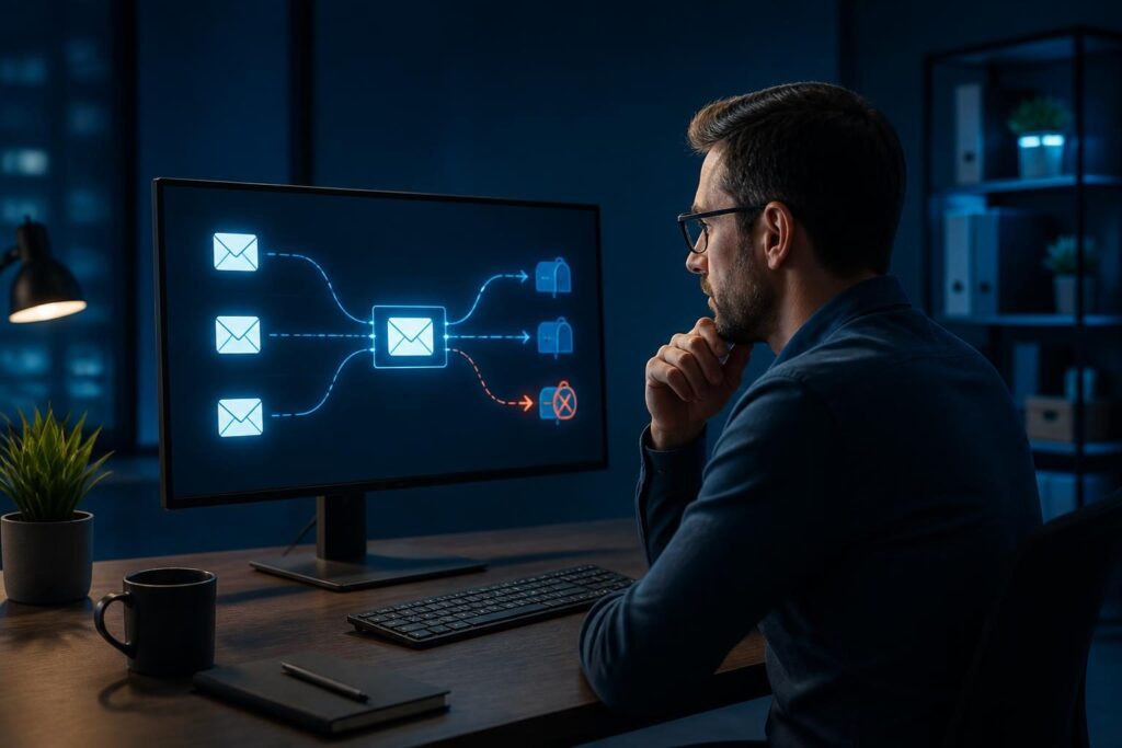 Business email alias not receiving messages troubleshooting diagram on a monitor