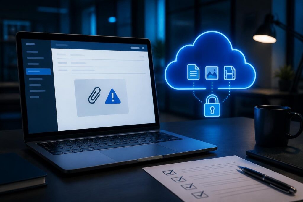 Business email attachment blocked troubleshooting shown on a laptop beside a secure file-sharing checklist