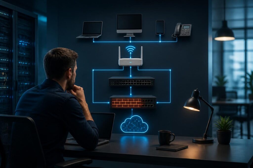 Business network packet loss troubleshooting across endpoints, Wi-Fi, switches, routers, and internet connections