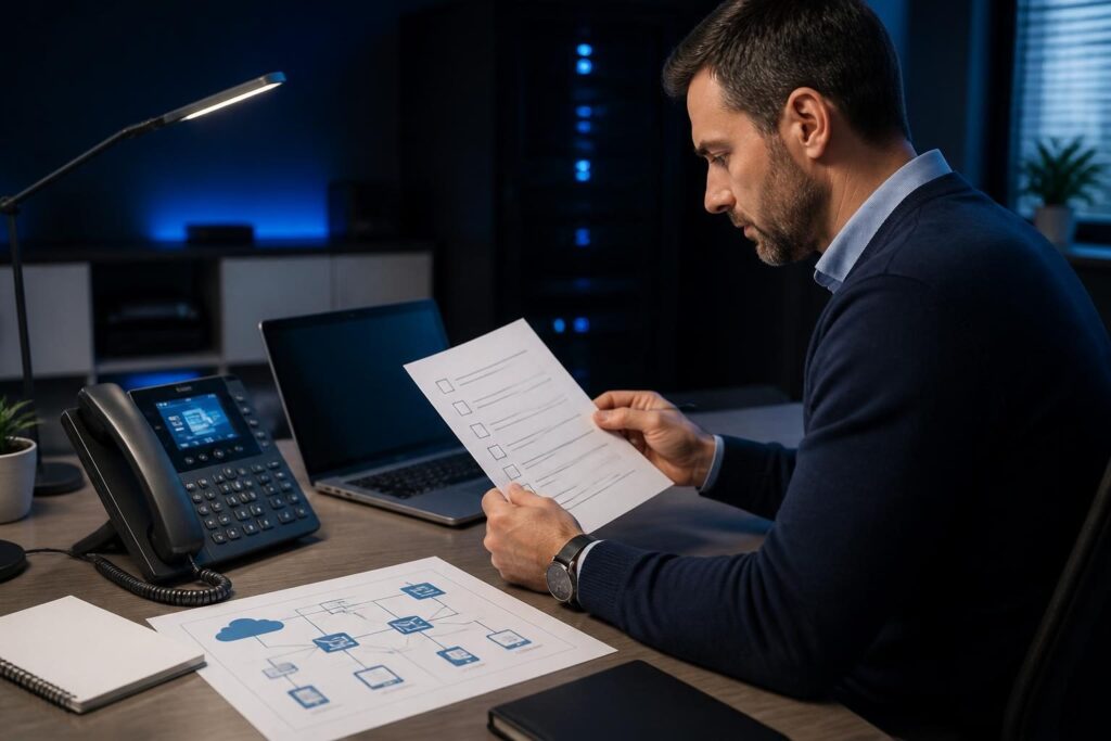 Manager reviewing a business VoIP number porting readiness checklist beside a desk phone and laptop
