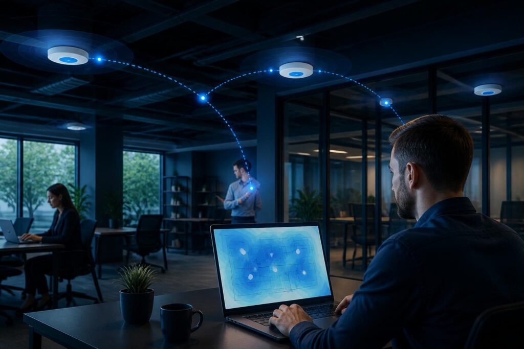 Business Wi-Fi roaming troubleshooting with access points and a technician reviewing coverage