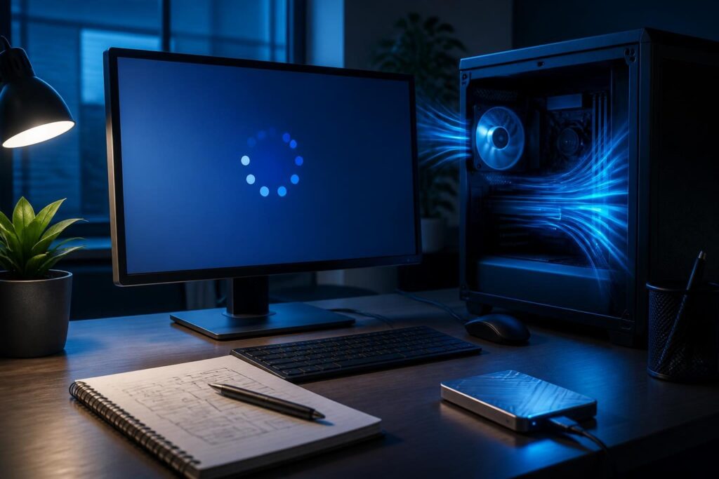 Computer keeps freezing troubleshooting steps shown with a workstation, diagnostic notes, and backup drive