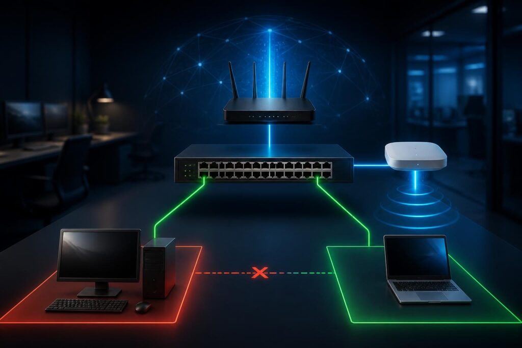 Network diagram showing devices can ping gateway but not each other because of VLAN and firewall isolation