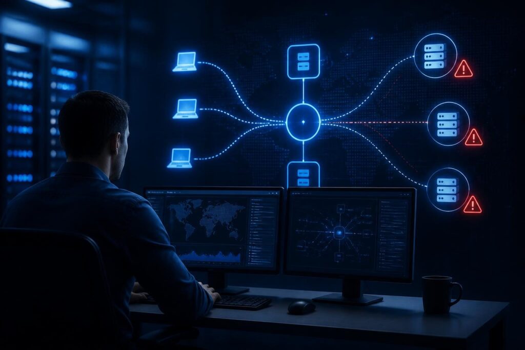 DNS SERVFAIL business domain troubleshooting shown as a network operations diagnostic workflow