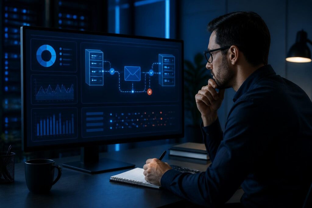 Email bounce recipient server troubleshooting shown through an SMTP delivery diagnostic dashboard